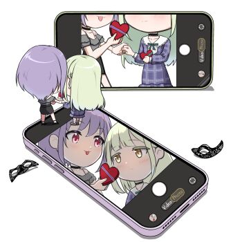 Rule 34 | 2girls, absurdres, bang dream!, bang dream! it's mygo!!!!!, black choker, black mask, black skirt, blue dress, blush, box, cellphone, choker, closed mouth, commentary request, dress, figures taking selfie (meme), frilled choker, frills, green hair, heart-shaped box, highres, holding hands, long hair, mask, meme, mini person, multiple girls, phone, plaid clothes, plaid dress, purple hair, short hair, shourai, simple background, skirt, smartphone, unworn mask, valentine, wakaba mutsumi, white background, yellow eyes, yuri, yuutenji nyamu
