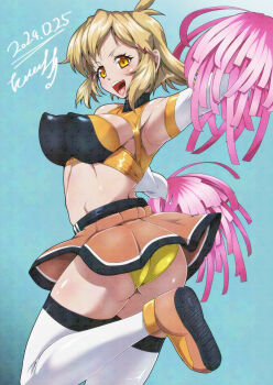 1girl adversarial_noise armpits ass blonde_hair blue_background blush bouncing_breasts breasts brown_skirt cheerleader covered_erect_nipples crop_top dated elbow_gloves from_behind gloves highres holding holding_pom_poms large_breasts looking_at_viewer open_mouth outstretched_arms panties pantyshot pom_pom_(cheerleading) pom_poms senki_zesshou_symphogear sideboob signature simple_background skirt smile solo spread_arms standing standing_on_one_leg tachibana_hibiki_(symphogear) tappa_(esperanza) teeth thighhighs underwear upper_teeth_only watermark watermark_grid white_thighhighs yellow_eyes yellow_panties