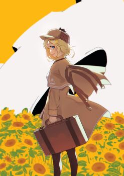 1girl :d absurdres black_thighhighs blonde_hair blue_eyes bob_cut brown_capelet brown_coat brown_hat brown_skirt capelet coat commentary dated_commentary deerstalker flower hat highres holding holding_suitcase hololive hololive_english looking_at_viewer open_mouth pinepizza plaid_clothes plaid_skirt shirt short_hair skirt smile solo standing suitcase sunflower thighhighs virtual_graduation_commemoration virtual_youtuber watson_amelia watson_amelia_(1st_costume) white_shirt