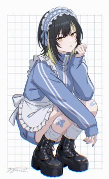 1girl ankle_boots apron bandaid bandaid_on_leg black_boots black_hair black_nails blonde_hair blue_jacket boots commentary_request fingernails frilled_apron frilled_hairband frills grid_background gyorui_(katsuwo_drawing) hairband highres idolmaster idolmaster_shiny_colors ikaruga_luca jacket jersey_maid lace-up_boots long_sleeves looking_at_viewer maid multicolored_hair nail_polish platform_boots signature socks solo squatting streaked_hair track_jacket two-tone_hair unconventional_maid white_apron white_socks yellow_eyes
