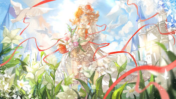 1girl absurdres artist_request bird blue_eyes blue_sky boots bouquet bow bow_shorts bowtie breasts castle chinese_commentary cloud commentary_request commission dove flower frilled_shirt_collar frilled_shorts frilled_skirt frilled_sleeves frills full_body hat hat_flower highres holding holding_bouquet identity_v knee_boots kneehighs lace-up_boots leaf lily_(flower) lily_barriere low_twintails medium_breasts mini_hat official_alternate_costume orange_hair ouji_fashion puffy_short_sleeves puffy_sleeves ribbon second-party_source short_sleeves short_twintails shorts showgirl_skirt skirt sky smile socks solo standing swept_bangs too_many too_many_birds twintails watermark wavy_hair white_boots white_bow white_bowtie white_hat white_ribbon