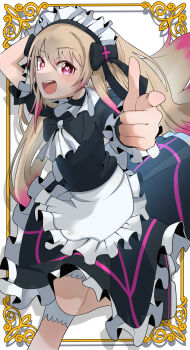 absurdres blonde_hair bloomers chaos_marie_(grimms_notes) dengaaaak0529 grimms_notes heart heart-shaped_pupils highres long_hair maid open_mouth pink_eyes pointing pointing_at_viewer smile symbol-shaped_pupils teeth tongue underwear upper_teeth_only