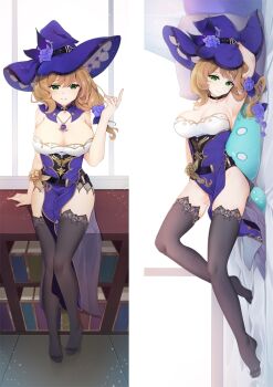 Rule 34 | 1girl, arm support, armpits, black choker, black thighhighs, breasts, brown hair, choker, cleavage, closed mouth, commentary request, dakimakura (medium), genshin impact, green eyes, hat, jewelry, lace, lace-trimmed thighhighs, lace trim, large breasts, lisa (genshin impact), looking at viewer, lying, medium hair, moeanime, multiple views, necklace, no shoes, on side, parted lips, pelvic curtain, purple hair, sitting, slime (genshin impact), smile, thighhighs, witch hat