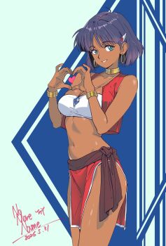 1977_oj3 1girl armlet bandeau bare_shoulders blue_gem blue_hair blunt_bangs blunt_ends bob_cut bracelet breasts brown_sash collarbone commentary cowboy_shot cropped_legs cropped_vest dark-skinned_female dark_skin earrings fushigi_no_umi_no_nadia gem gold_bracelet green_eyes hair_ornament hairclip heart heart_hands highres hoop_earrings jewelry light_smile loincloth looking_at_viewer midriff nadia_la_arwall navel neck_ring necklace open_clothes open_vest pelvic_curtain pendant purple_hair red_vest short_hair signature small_breasts smile solo standing vest white_bandeau