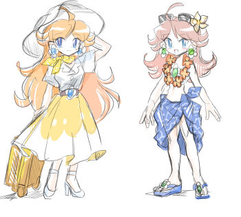 1girl absurdres blue_eyes brown_hair earrings eyewear_on_head flower flower_earrings hair_flower hair_ornament hat highres jewelry long_hair mario_(series) midriff multiple_views nintendo open_mouth orange_scarf orange_skirt princess_daisy rakugaki_shitagari-ya sandals sarong scarf simple_background sketch skirt smile white_background white_hat
