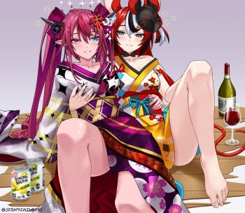 2girls animal_ear_fluff animal_ears arm_support artist_name black_choker black_hair black_mask black_streaks blue_eyes blush bottle choker collarbone commentary cup demon_horns double-parted_bangs drinking_glass drunk floral_print floral_print_kimono grabbing_another's_breast grabbing_from_behind groping hair_between_eyes hakos_baelz hakos_baelz_(new_year) halo hand_around_waist hand_on_another's_chest heterochromia highres hololive hololive_english horns irys_(hololive) irys_(new_year)_(hololive) japanese_clothes kimono knee_up leaning legs long_sleeves mouse_ears mouse_mask mouse_tail multicolored_hair multiple_girls obi pink_eyes pink_hair pointy_ears print_kimono red_hair sash seraphim_throne sitting smile squeans strong_zero tail thighs twintails twitter_username virtual_youtuber white_hair wine_bottle wine_glass yuri