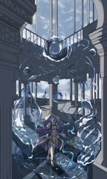 1girl blue_dress blue_eyes blue_hair blue_hat blue_sleeves boots braid dress duel_monster hat high_heel_boots high_heels highres holding holding_staff hydrokinesis indoors long_hair magic pillar staff thigh_boots tile_floor tiles two-tone_dress uragawai water water_enchantress_of_the_temple white_boots white_dress yu-gi-oh!