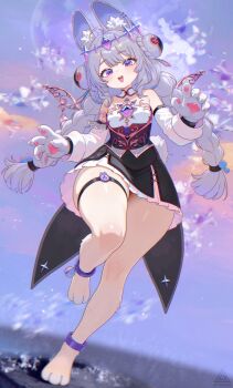 1girl :3 :d absurdres adapted_costume animal_ear_fluff animal_ears animal_feet animal_hands anklet artist_logo artist_name blurry blurry_background braid bun_with_braided_base chest_jewel chromatic_aberration circlet commentary detached_sleeves english_commentary full_body fusion hair_bun hair_ornament hamaxade highres hololive hololive_english jewelry koseki_bijou logo long_hair open_mouth purple_background purple_eyes rabbit_ears rabbit_girl skindentation smile solo sphere_hair_ornament standing standing_on_one_leg tassel thigh_strap twin_braids very_long_hair virtual_youtuber white_sleeves wide_hips zenless_zone_zero zhao_(zenless_zone_zero)