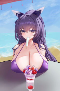 1girl absurdres azur_lane beach bow breast_rest breasts breasts_on_table cherry cleavage collarbone colored_eyelashes commentary_request crossed_bangs date_a_live food food_in_mouth fruit hair_between_eyes hair_bow highres huge_breasts ling_yi_de_lei_ke long_hair looking_at_viewer official_alternate_costume outdoors parfait popsicle popsicle_in_mouth purple_bow purple_eyes purple_hair sand solo table water yatogami_tohka yatogami_tohka_(break_time)