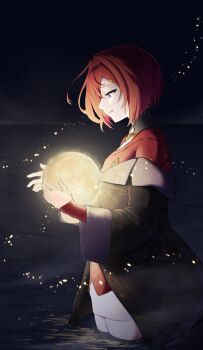 1girl absurdres ange_katrina ange_katrina_(1st_costume) black_coat black_sky blue_eyes cardigan coat commentary_request cowboy_shot dress from_side gradient_eyes hair_intakes hands_up highres holding holding_moon light_particles looking_at_object looking_down medium_hair mikoton multicolored_eyes night nijisanji ocean off_shoulder open_mouth profile purple_eyes red_cardigan red_hair short_dress sky sleeves_past_wrists smile solo virtual_youtuber wading white_dress