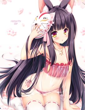 Rule 34 | 1girl, animal ears, arm up, armpits, azur lane, black hair, blush, bra, camisole, cherry blossoms, commentary request, female focus, fox ears, hand on mask, jewelry, long hair, mask, mask on head, moekibara fumitake, nagato (azur lane), nagato (great fox's respite) (azur lane), navel, necklace, panties, red bra, red eyes, red panties, see-through clothes, side-tie panties, sitting, solo, thighhighs, underwear, underwear only, very long hair, white thighhighs