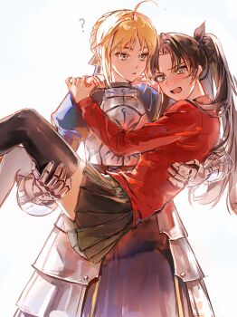 Rule 34 | 2girls, ?, absurdres, ahoge, armor, armored dress, artoria pendragon (fate), black hair, black skirt, black thighhighs, blonde hair, blue dress, blush, carrying, chinese commentary, commentary request, confused, couple, dress, embarrassed, fate/grand order, fate/stay night, fate (series), green eyes, hair bun, hair up, hands on another's shoulders, head on another's shoulder, head tilt, highres, long sleeves, looking at viewer, looking down, looking to the side, multiple girls, nanfangtaodong, open mouth, parted bangs, parted lips, princess carry, puffy long sleeves, puffy sleeves, red shirt, saber (fate), shirt, shy, skirt, thighhighs, tohsaka rin, twintails, yuri