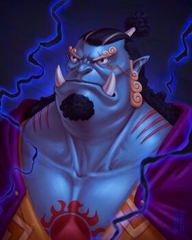 Rule 34 | 1boy, absurdres, black eyes, black hair, blue skin, chest tattoo, closed mouth, collarbone, colored skin, commentary, commentary request, curly eyebrows, english commentary, facial hair, fish boy, gabear art, gills, goatee, high ponytail, highres, jinbe (one piece), long hair, male focus, mixed-language commentary, one piece, pointy ears, ponytail, portuguese commentary, scar, scar across eye, scar on face, solo, sun symbol, sun tattoo, tan, tattoo, tusks