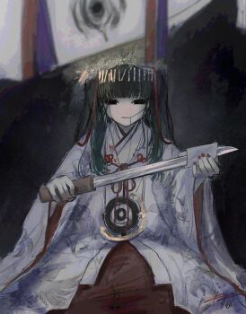 1girl ambiguous_red_liquid black_background black_eyes black_hair black_sclera blunt_bangs colored_sclera expressionless gnosia hat headpiece highres hime_cut holding holding_knife iyori_(q_wa_j) japanese_clothes kimono knife long_hair long_sleeves looking_at_viewer maetenkan red_nails red_ribbon ribbon sidelocks sitting solo upper_body white_kimono yuriko_(gnosia)
