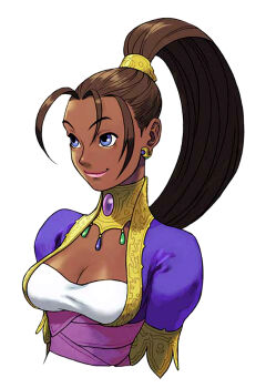 Rule 34 | 1girl, antenna hair, arabian clothes, arika, blue eyes, breasts, brown hair, capcom, cleavage, dark-skinned female, dark skin, earrings, female focus, jewelry, lips, long hair, necklace, official art, ponytail, pullum purna, sash, smile, solo, street fighter, street fighter ex (series), upper body, vest