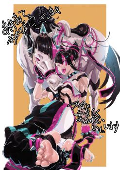 1girl absurdres blue_nails bokkusu bracelet breasts collar commentary_request feet fingerless_gloves gloves hair_horns han_juri heterochromia highres horse jewelry open_mouth spiked_anklet spiked_bracelet spiked_collar spikes street_fighter street_fighter_6 toes tongue tongue_out