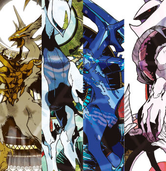 arceus blue_skin claws colored_sclera colored_skin dialga dialga_(origin) dragon gem gen_4_pokemon gen_7_pokemon green_sclera highres legendary_pokemon multicolored_eyes mythical_pokemon necrozma necrozma_(ultra) nintendo open_mouth palkia palkia_(origin) pokemon pokemon_(creature) pokemon_focus red_eyes rintaro_sano rock