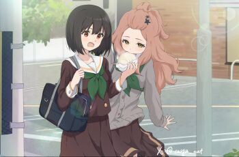 Rule 34 | 2girls, artist name, bag, bangs pinned back, biting, black bag, black hair, brown hair, brown serafuku, brown shirt, brown skirt, building, buttons, cardigan, casyu nut, commentary, eating, fang, food, food theft, food wrapper, green neckerchief, grey cardigan, hair ornament, hands up, hibike! euphonium, highres, hisaishi kanade, holding, holding food, kenzaki ririka, kitauji high school uniform, lens flare, long hair, multiple girls, neckerchief, outdoors, parking lot, red eyes, sailor collar, school bag, school uniform, serafuku, shirt, short hair, shoulder bag, skin fang, skirt, standing, star (symbol), star hair ornament, steamed bun, surprised, tears, twitter username, utility pole, wavy mouth, white sailor collar, yellow eyes