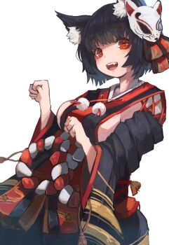 1girl :d animal_ear_fluff animal_ears azur_lane black_hair black_kimono breasts cat_ears cat_mask commentary_request cowboy_shot detached_sleeves double-parted_bangs eyeshadow fang from_side furisode_sleeves highres japanese_clothes kimono looking_at_viewer makeup manaita_obi mask mask_on_head medium_breasts mismatched_eyebrows nyucha obi open_mouth paw_pose red_eyes red_eyeshadow sash short_hair simple_background smile solo thick_eyebrows white_background wide_sleeves yamashiro_(azur_lane) yamashiro_(retrofit)_(azur_lane)