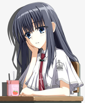1girl black_hair blue_eyes capelet cevi79604876054 chair clothes_writing commentary_request desk drink_carton grey_background hair_between_eyes head_rest highres long_hair milk_carton necktie red_necktie school_chair school_desk school_uniform shadow simple_background sitting solo strawberry_milk subarashiki_hibi takashima_zakuro upper_body white_capelet