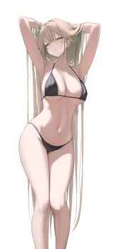 1girl absurdres armpits arms_behind_head arms_up bare_arms bare_legs bare_shoulders bikini black_bikini breasts brown_eyes brown_hair cleavage feet_out_of_frame halterneck highres laneigu large_breasts long_hair looking_at_viewer mole mole_under_eye navel original simple_background solo stomach string swimsuit thighs very_long_hair white_background yuzu_(laneigu)