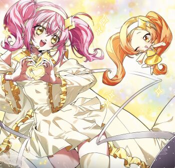 Rule 34 | 2girls, absurdly long hair, amulet dia, bare arms, bare shoulders, boots, brown hair, chibi, clothing cutout, collared dress, dia (shugo chara!), diamond hair ornament, dot nose, dress, eyelashes, floating, frilled sleeves, frills, guardian chara, hairband, hashtag-only commentary, head tilt, headset, heart, heart hands, highres, hinamori amu, humpty lock (shugo chara!), idol, juliet sleeves, knee boots, lace-trimmed hairband, lace trim, lapels, light blush, light particles, long hair, long sleeves, looking at another, magical girl, min (bibbibtobib), multiple girls, notched lapels, one eye closed, open mouth, pink hair, pleated dress, puffy sleeves, sailor collar, shirt, short dress, short twintails, shoulder cutout, shugo chara!, skirt, skirt set, sleeveless, sleeveless shirt, smile, sparkle, teeth, twintails, upper teeth only, very long hair, white boots, white hairband, white sailor collar, yellow background, yellow dress, yellow eyes, yellow hairband, yellow shirt, yellow skirt, yellow theme