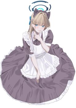 1girl absurdres animal_ears apron black_dress blonde_hair blue_archive blue_bow blue_eyes blush bow braid cat_ears closed_mouth dress fake_animal_ears finger_to_mouth hair_bow highres index_finger_raised long_hair looking_at_viewer maid maid_headdress short_sleeves shushing simple_background smile solo tnr_(horiko1525) toki_(blue_archive) white_apron white_background
