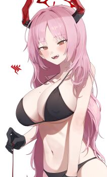 1girl absurdres bikini black_bikini black_gloves blue_archive blush breasts brown_eyes changmi covered_erect_nipples demon_horns fangs gloves halo highres holding holding_string horns large_breasts long_hair looking_at_viewer mole mole_on_breast navel open_mouth parted_bangs pink_hair red_horns satsuki_(blue_archive) simple_background solo stomach string swimsuit very_long_hair white_background