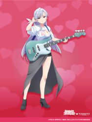 Rule 34 | 1girl, 2024, ankle boots, arm up, artist request, black footwear, black shorts, blunt bangs, boots, bow, breasts, closed mouth, clothes writing, copyright name, copyright notice, electric guitar, eyelashes, full body, gradient background, grey hair, grey skirt, guitar, hair flip, half-skirt, head tilt, heart, heart background, heart print, high heel boots, high heels, highres, holding, holding guitar, holding instrument, instrument, kimi no koto ga dai dai dai dai daisuki na 100-nin no kanojo, long hair, long skirt, looking at viewer, medium breasts, official art, overskirt, print bow, print shirt, purple background, red eyes, shirt, short shorts, shorts, skirt, solo, standing, swept bangs, white bow, white shirt, wrist bow