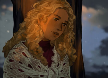 1girl against_tree arrapso blonde_hair blouse brown_eyes curtained_hair dark-skinned_female dark_skin head_tilt high_collar highres lake_of_voices light_particles long_hair looking_to_the_side margret_(lake_of_voices) non-web_source official_art red_shirt shirt sidelighting smile solo sunrise tree