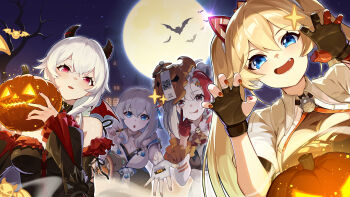 4girls :o animal_ears bat_wings black_dress black_gloves blonde_hair blue_eyes breasts candy cat_ears celestia_(strinova) celestia_(twilight_reverie)_(strinova) chinese_commentary claw_pose cleavage commentary_request demon_horns dress eika_(strinova) eika_(trick_or_treat)_(strinova) fang fingerless_gloves food gloves grey_eyes grey_hair hair_flaps halloween halloween_costume highres holding holding_candy holding_food horns incoming_gift jack-o&#039;-lantern long_hair looking_at_viewer medium_breasts michele_(hellcat)_(strinova) michele_(strinova) moon multicolored_hair multiple_girls night night_sky official_alternate_costume official_art open_mouth outdoors red_eyes red_gloves red_hair red_pupils shirt short_hair sidelocks sky smile sparkle strinova surprised tongue tongue_out twintails two-tone_hair upper_body white_gloves white_hair white_shirt wings yvette_(frosted_wanderer)_(strinova) yvette_(strinova)