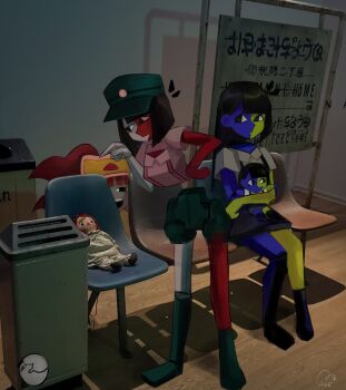 Rule 34 | 3girls, black eyes, black hair, blue skin, blunt bangs, blunt ends, bob cut, chair, character doll, colored skin, commentary, doll, ena: dream bbq, ena (dream bbq), ena (ena), ena (series), ena (species), ena (web series), floating head, happy ena, hat, highres, in-franchise crossover, long hair, low poly, multicolored skin, multiple girls, on chair, open mouth, photo background, raggedy ann, raggedy ann (series), red skin, sad ena, salesperson ena, shirt, short sleeves, sitting, smile, split-color skin, symbol-only commentary, taski maiden (ena), two-tone skin, usagimarumei, yellow skin