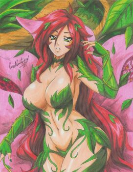 1girl 2024 absurdres batman_(series) breasts cleavage dc_comics flower green_eyes green_nails highres large_breasts leaf leaf_on_head long_hair long_sleeves navel nude poison_ivy ravernclouk_design red_hair very_long_hair