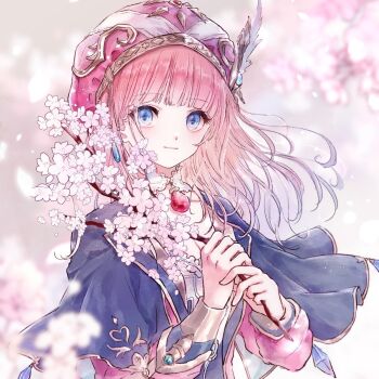 Rule 34 | 1girl, atelier (series), atelier lulua, black capelet, blue eyes, blunt bangs, blurry, blurry background, branch, capelet, cherry blossoms, closed mouth, commentary request, ebi (shrimp0905), hands up, hat, highres, holding, holding branch, long hair, long sleeves, looking at viewer, outdoors, petals, pink hair, pink hat, protected link, rorolina frixell, smile, solo, upper body
