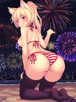 1girl :q american_flag american_flag_bikini american_flag_print animal_ear_fluff animal_ears artist_self-insert ass back bare_shoulders beach bikini bikini_bottom_only black_thighhighs blonde_hair blush breasts cat_ears female_focus fireworks flag_print flag_print_bikini fourth_of_july full_body hair_between_eyes halterneck highres kneeling large_breasts long_hair looking_at_viewer looking_back night no_shoes nottytiffy original outdoors print_bikini red_eyes side-tie_bikini_bottom slit_pupils smile solo star_(symbol) star_print string_bikini striped_bikini striped_bikini_bottom striped_clothes swimsuit thighhighs tiffy_(nottytiffy) tongue tongue_out united_states watermark web_address