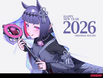 1girl :p absurdres animal_ears artist_name blunt_bangs blunt_ends blush bob_cut commentary diamond_hairband english_commentary english_text hair_ornament happy_new_year heterochromia highres holding holding_microphone_stand hololive hololive_english horse_ears horse_girl inverted_bob microphone microphone_stand mole mole_under_eye multicolored_hair new_year ninomae_ina'nis nuebunny official_alternate_costume pink_eyes pink_hair pointy_ears purple_eyes purple_hair short_hair solo tongue tongue_out twitter_username virtual_youtuber