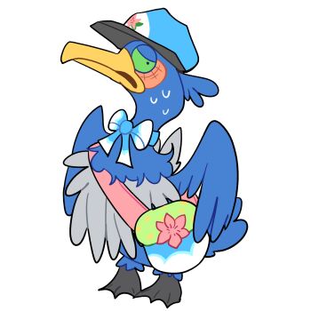 bag beak clothed_pokemon cramorant full_body gen_8_pokemon green_eyes hat highres looking_at_viewer nintendo no_humans pokemon pokemon_(creature) s0upjuice shoulder_bag simple_background solo white_background