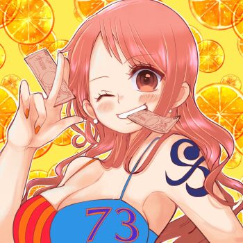 1girl a18a18_2 banknote bare_shoulders blush breasts brown_eyes cleavage earrings food fruit fruit_background highres holding holding_money jewelry large_breasts long_hair looking_at_viewer mandarin_orange money mouth_hold nail_polish nami_(one_piece) one_eye_closed one_piece orange_hair orange_nails pearl_earrings protected_link shoulder_tattoo single_sidelock solo spaghetti_strap tattoo teeth_hold upper_body wavy_hair