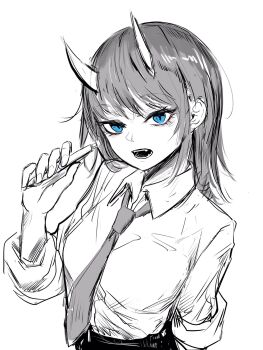 1girl 8nocheese aoki_ruri arm_behind_back blue_eyes collared_shirt dragon_horns fangs hand_up highres horns long_hair necktie open_mouth ruridragon shirt shirt_tucked_in simple_background solo spot_color teeth upper_body white_background