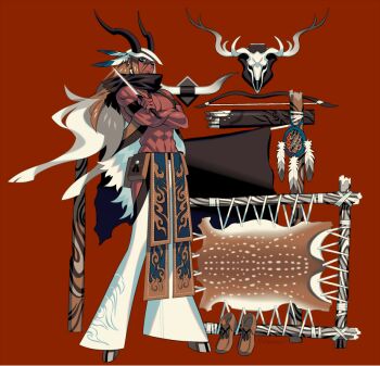 1boy 2018 animal_feet animal_skull arrow_(projectile) blue_eyes bow_(weapon) brown_hair brown_scarf colored_inner_hair crossed_arms dark-skinned_male dark_skin deer_pelt deer_skull dreamcatcher edarow feather_hair_ornament feathers full_body hair_ornament holding holding_knife hooves japanese_commentary knife long_hair looking_at_viewer male_focus monster_boy multicolored_hair muscular muscular_male native_american original pelt quiver red_background scarf simple_background solo standing very_long_hair weapon
