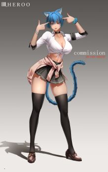 1girl absurdres animal_ears artist_name black_choker black_collar black_skirt black_thighhighs blue_eyes blue_hair blue_tail bracelet breasts brown_shoes cardigan cardigan_around_waist cat_ears cat_girl cat_tail choker cleavage closed_mouth clothes_around_waist collar collarbone commentary cropped_shirt english_commentary english_text finger_to_head full_body grey_background highres jewelry looking_at_viewer louu_heroo medium_breasts navel original parted_lips pink_cardigan school_uniform shirt shoes short_hair simple_background skirt sleeves_rolled_up solo standing tail thighhighs thighs white_shirt