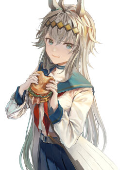 1girl absurdres ahoge animal_ears blue_eyes blue_sailor_collar blue_skirt burger closed_mouth commentary_request ear_ornament eating food grey_hair hair_between_eyes hairband highres holding holding_burger holding_food horse_ears horse_girl jacket long_hair long_sleeves looking_at_viewer neckerchief oguri_cap_(starlight_beat)_(umamusume) oguri_cap_(umamusume) pleated_skirt red_neckerchief sailor_collar shirt simple_background skirt smile soidaizu_soy solo umamusume white_background white_jacket white_shirt