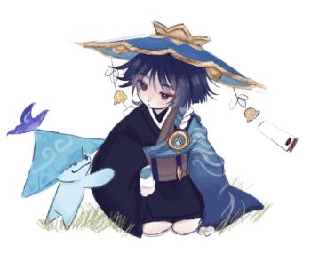 Rule 34 | 1boy, aranara (genshin impact), ararycan (genshin impact), arms at sides, asymmetrical sleeves, black eyes, black hair, black kimono, black sleeves, blue hat, blue jingasa, blue sleeves, blunt ends, blush, brown kimono, brown sash, closed mouth, dangoyunyu, eyeliner, genshin impact, gold, gold bell, grass, hand on ground, hat, highres, japanese clothes, jingasa, kesa, kimono, long sleeves, looking at creature, makeup, male focus, mismatched sleeves, official alternate costume, prototype design, red eyeliner, scaramouche (genshin impact), seiza, sitting, solo, two-tone kimono, wanderer (genshin impact), white background, white sleeves