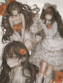 1girl absurdres bow brown_hair commentary dress floral_print floral_print_dress flower hair_bow hair_flower hair_ornament hand_up highres kerioka_1 kneehighs long_hair long_sleeves looking_at_viewer multiple_views orange_flower original print_dress sleeveless sleeveless_dress socks spaghetti_strap symbol-only_commentary white_dress white_socks