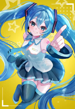1girl black_skirt black_sleeves blue_eyes blue_hair blue_nails blue_necktie blush boots breasts closed_mouth collared_shirt commentary_request detached_sleeves frilled_shirt frills grey_shirt hair_between_eyes hair_ornament hand_behind_ass hatsune_miku leg_up long_hair long_sleeves looking_at_viewer medium_breasts miniskirt nail_polish necktie pleated_skirt pointing pointing_at_viewer sakanoi_noa shirt sidelocks signature simple_background skirt sleeveless sleeveless_shirt smile solo standing standing_on_one_leg teeth thigh_boots thighhighs twintails untucked_shirt very_long_hair vocaloid watermark wing_collar yellow_background zettai_ryouiki