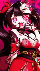Rule 34 | 1girl, :d, absurdres, bare shoulders, bell, black choker, black hair, black sash, breasts, choker, cleavage, commentary, criss-cross halter, detached sleeves, facial mark, fox mask, glowing, glowing eyes, halterneck, hand up, highres, honkai: star rail, honkai (series), jingle bell, konaka (usagi draw), long hair, looking at viewer, mask, mask on head, neck bell, obi, open mouth, pink eyes, red background, sash, short sleeves, smile, solo, sparkle (honkai: star rail), twintails, upper body