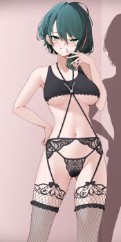 1girl absurdres bare_shoulders black_panties black_tank_top blush breasts cleavage collarbone commission dead_or_alive dead_or_alive_6 dead_or_alive_xtreme dead_or_alive_xtreme_venus_vacation female_pubic_hair fishnets garter_belt green_eyes green_hair grin hair_between_eyes highres lace lace-trimmed_thighhighs lace_trim large_breasts looking_at_viewer mole mole_under_eye multicolored_hair navel panties pubic_hair red_hair short_hair smile solo streaked_hair tamaki_(doa) tank_top teeth thighhighs underboob underwear variant_set z.taiga
