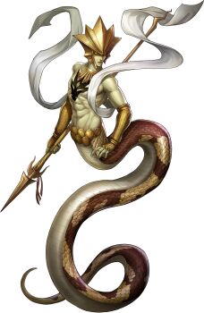 Rule 34 | 1boy, abs, artist request, colored sclera, demon (megami tensei), fingerless gloves, gloves, helmet, highres, holding, holding polearm, holding weapon, lamia, monster, monster boy, monster girl, naga raja (megami tensei), official art, orange sclera, persona, persona 5, persona 5: the phantom x, polearm, shin megami tensei, snake tail, solo, tail, third-party source, transparent background, weapon, yellow eyes