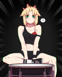 Rule 34 | 1girl, absurdres, bare shoulders, black shorts, black tank top, blonde hair, bra, breasts, fate/grand order, fate (series), green eyes, highres, hyperbudd, long hair, looking at viewer, midriff, mordred (fate), mordred (fate/apocrypha), navel, parted bangs, ponytail, red bra, shorts, sidelocks, sitting, small breasts, solo, tank top, underwear