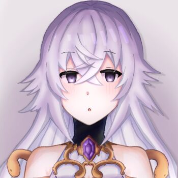 Rule 34 | 1girl, cleavage cutout, clothing cutout, grimms notes, looking at viewer, magic mirror (grimms notes), mokacocoa s, parted lips, purple eyes, purple hair, solo, upper body